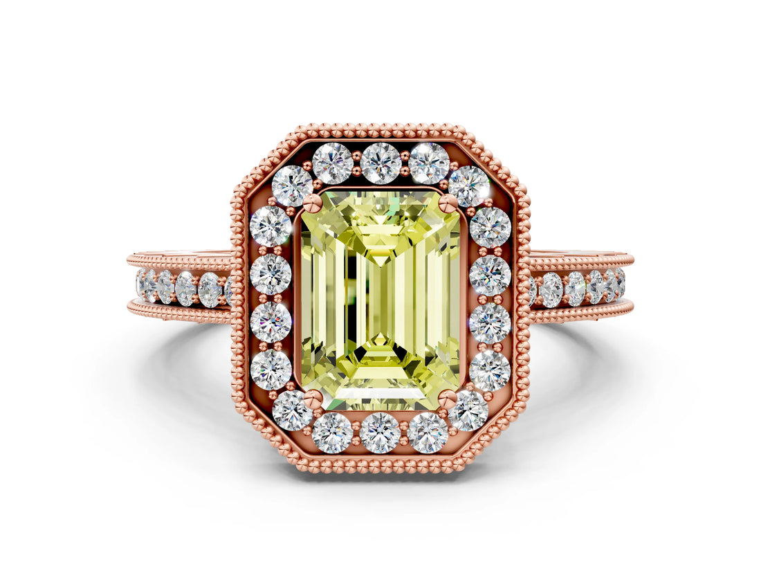 Rose gold Fancy Yellow Emerald Cut Diamond Milgrain Halo Engagement Ring with Round Pavé Band and Prong Setting_12