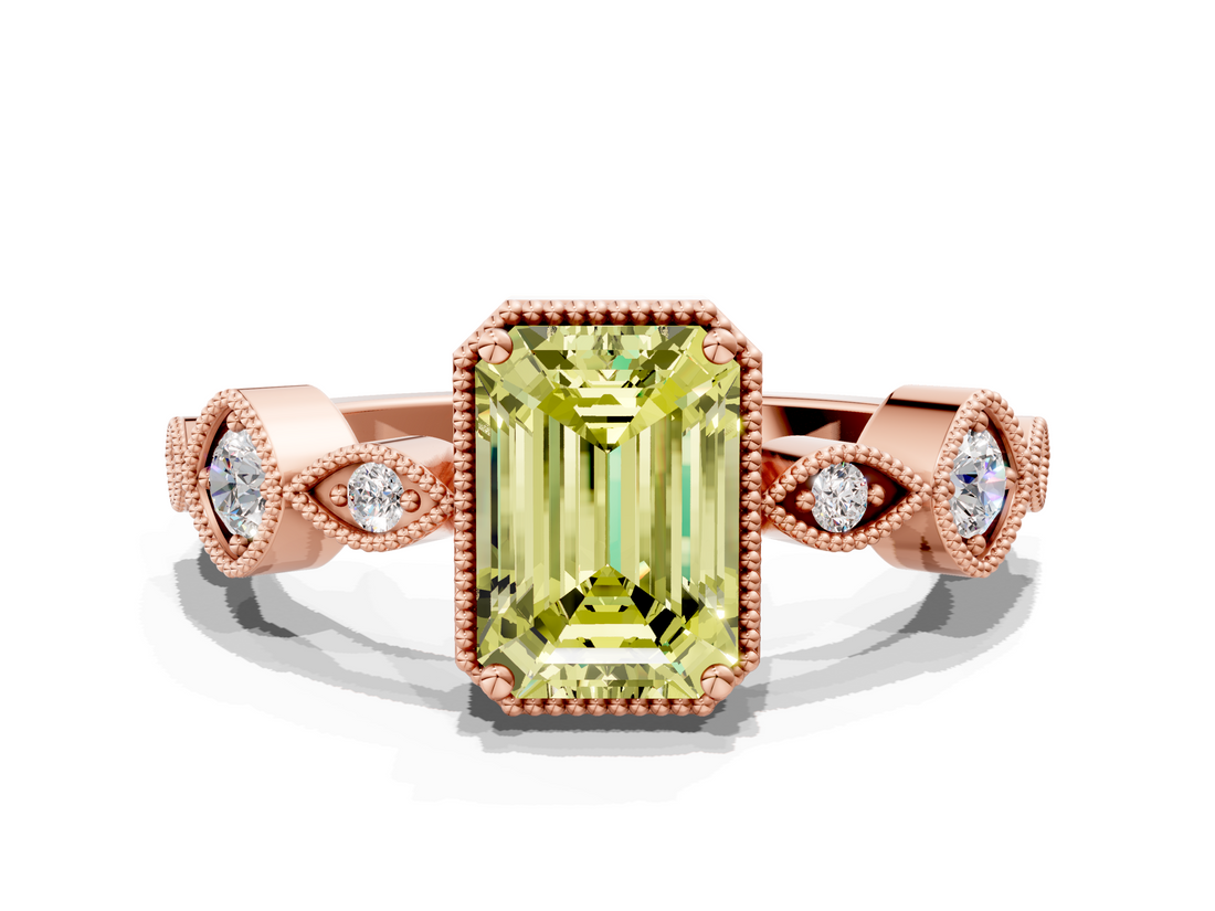 Rose gold Fancy Yellow Emerald  Cut Diamond Milgrain Marquise Band with Prong Setting_3