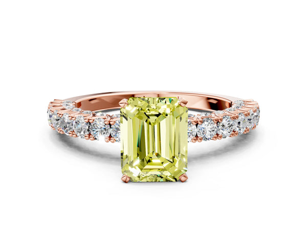 Rose gold Fancy Yellow Emerald Cut Diamond Pavé Band Solitaire Ring with Prong Setting