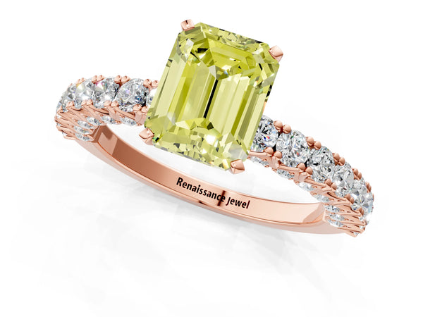 Rose gold Fancy Yellow Emerald Cut Diamond Pavé Band Solitaire Ring with Prong Setting