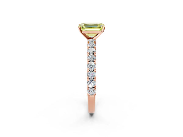 Rose gold Fancy Yellow Emerald Cut Diamond Pavé Band Solitaire Ring with Prong Setting