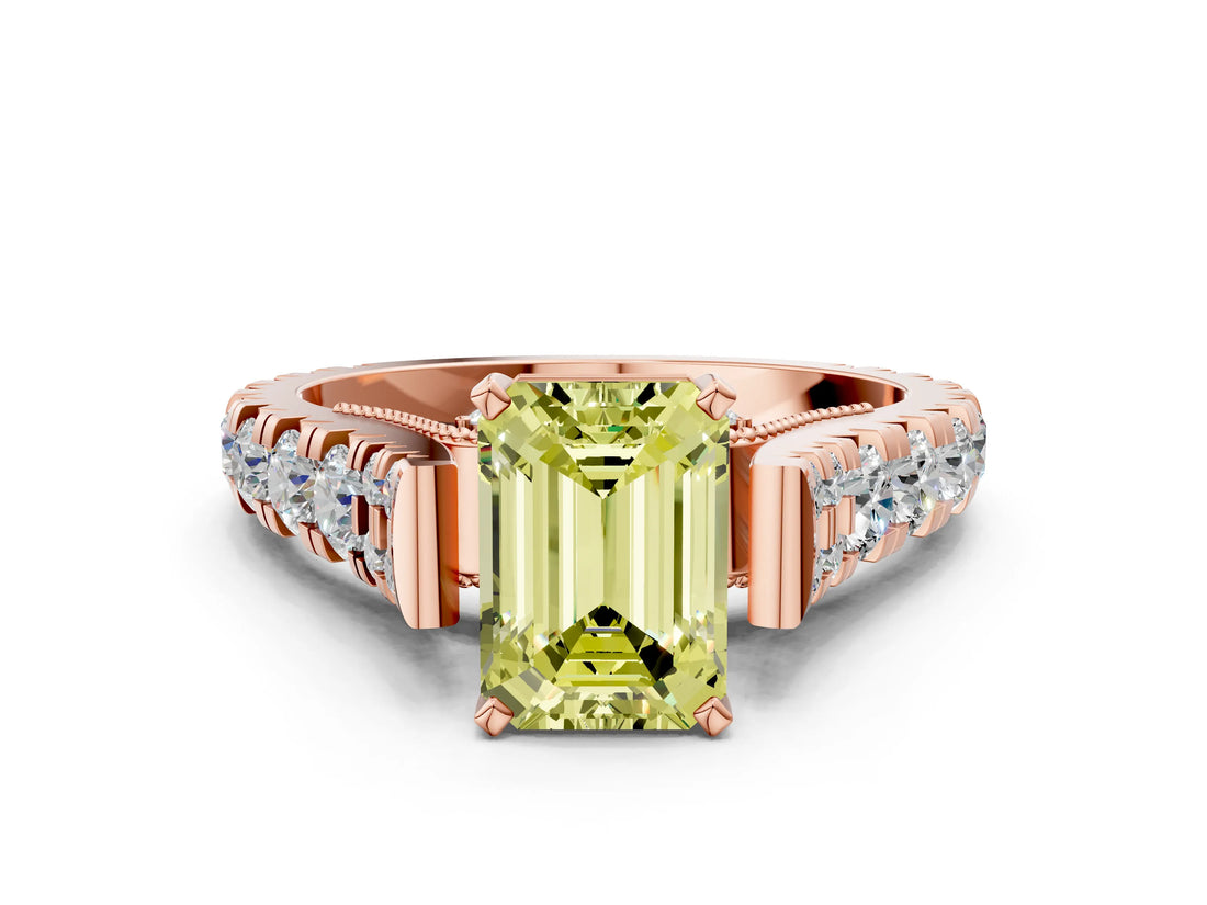 Rose gold Fancy Yellow Emerald  Cut Diamond Pavé Band Solitaire with Four-Prong Setting_15