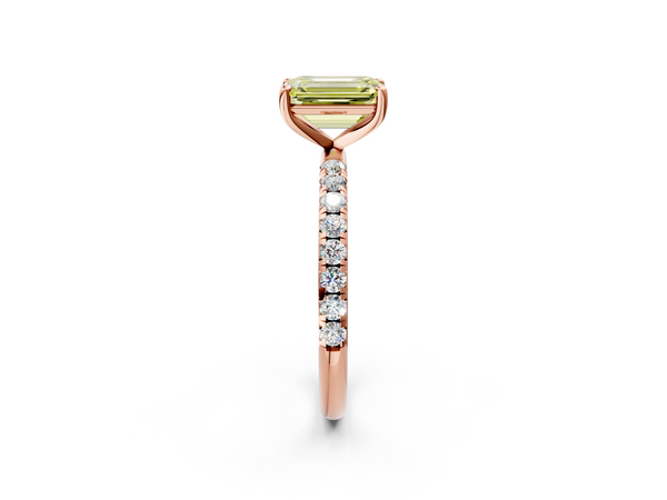 Rose gold Fancy Yellow Emerald  Cut Diamond Solitaire Ring with Micro Pave Band and Four Prong Setting