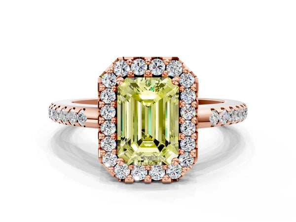 Rose gold Fancy Yellow Emerald Cut Diamond Pavé Halo Ring with Four-Prong Setting