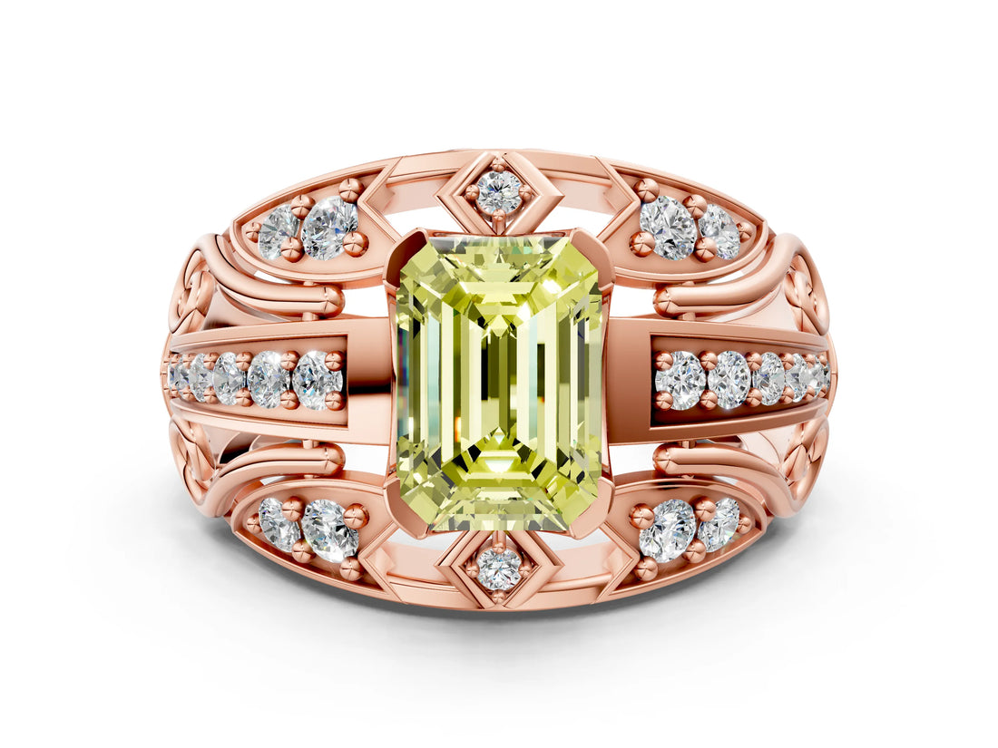 Rose gold Fancy Yellow Emerald Cut Diamond Pave Art Deco Split Shank Ring with Four-Prong Setting
