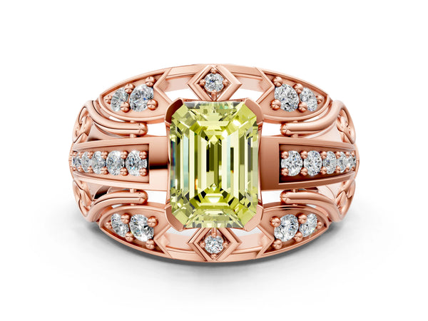 Rose gold Fancy Yellow Emerald Cut Diamond Pave Art Deco Split Shank Ring with Four-Prong Setting