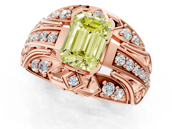 Rose gold Fancy Yellow Emerald Cut Diamond Pave Art Deco Split Shank Ring with Four-Prong Setting