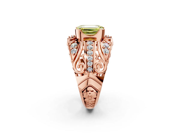 Rose gold Fancy Yellow Emerald Cut Diamond Pave Art Deco Split Shank Ring with Four-Prong Setting