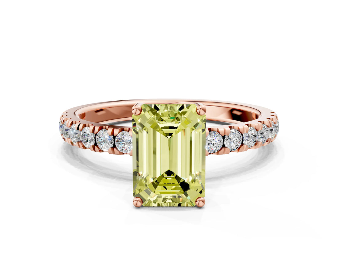 Rose gold Fancy Yellow Emerald Cut Diamond Pave Band Solitaire Ring with Four-Prong Setting_57
