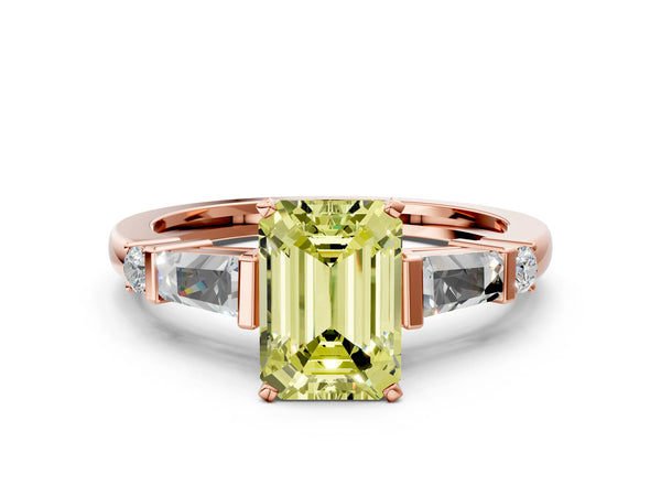 Rose gold Fancy Yellow Emerald  Cut Diamond Ring with Baguette Side Stones, Channel Set Band, and Four-Prong Setting