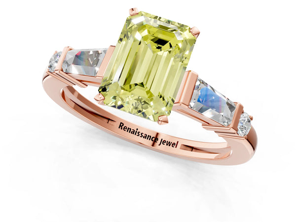 Rose gold Fancy Yellow Emerald  Cut Diamond Ring with Baguette Side Stones, Channel Set Band, and Four-Prong Setting