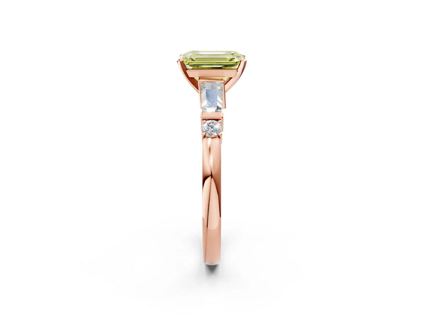 Rose gold Fancy Yellow Emerald  Cut Diamond Ring with Baguette Side Stones, Channel Set Band, and Four-Prong Setting