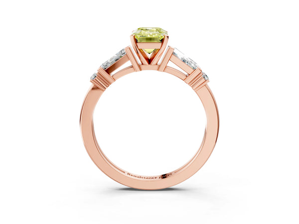Rose gold Fancy Yellow Emerald  Cut Diamond Ring with Baguette Side Stones, Channel Set Band, and Four-Prong Setting