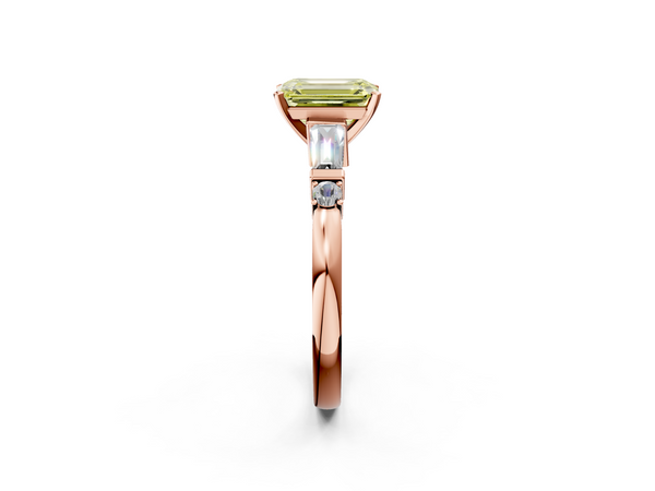 Rose gold Fancy Yellow Emerald  Cut Diamond Ring with Baguette Side Stones, Channel Set Band, and Four-Prong Setting