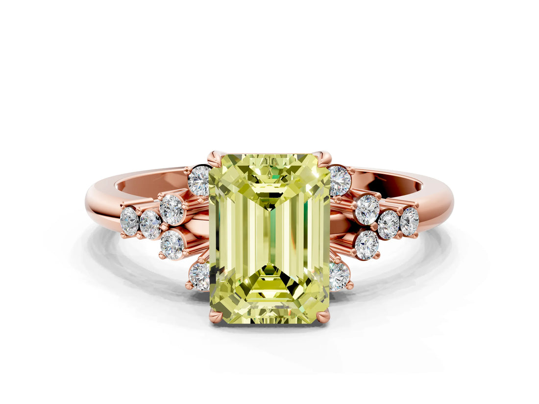 Rose gold Fancy Yellow Emerald Cut Diamond Ring with Side Stones and Four-Prong Setting_112