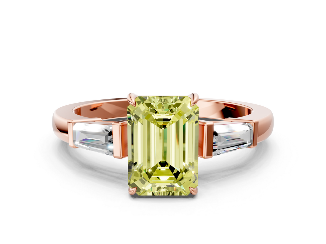 Rose gold Fancy Yellow Emerald  Cut Diamond Ring with Tapered Baguette Side Stones in Four-Prong Setting_3