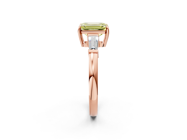 Rose gold Fancy Yellow Emerald  Cut Diamond Ring with Tapered Baguette Side Stones in Four-Prong Setting