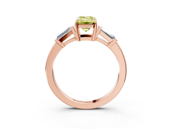 Rose gold Fancy Yellow Emerald  Cut Diamond Ring with Tapered Baguette Side Stones in Four-Prong Setting
