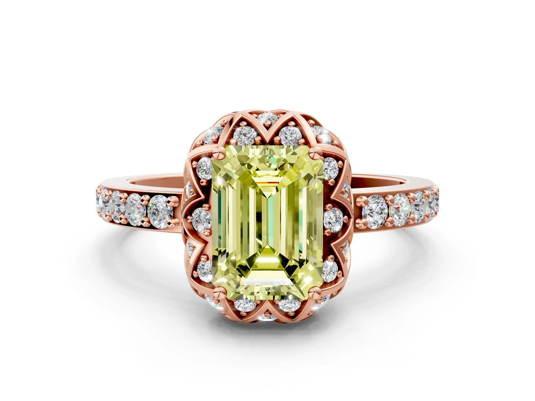 Rose gold Fancy Yellow Emerald Cut Diamond Scalloped Halo Engagement Ring with Round Shared Prong Band_12