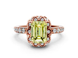Rose gold Fancy Yellow Emerald Cut Diamond Scalloped Halo Engagement Ring with Round Shared Prong Band_12