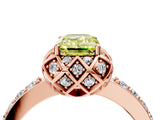 Rose gold Fancy Yellow Emerald Cut Diamond Scalloped Halo Engagement Ring with Round Shared Prong Band_16