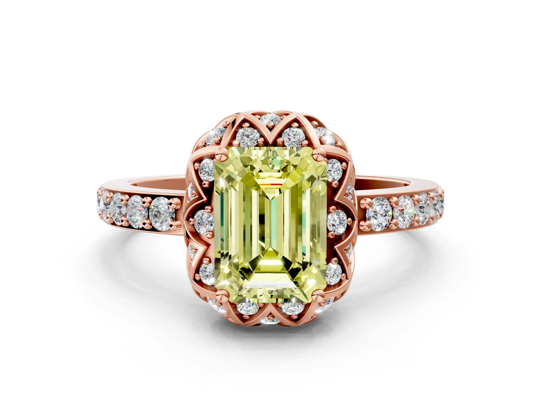 Rose gold Fancy Yellow Emerald Cut Diamond Scalloped Halo Engagement Ring with Round Shared Prong Band_24