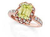 Rose gold Fancy Yellow Emerald Cut Diamond Scalloped Halo Engagement Ring with Round Shared Prong Band_25