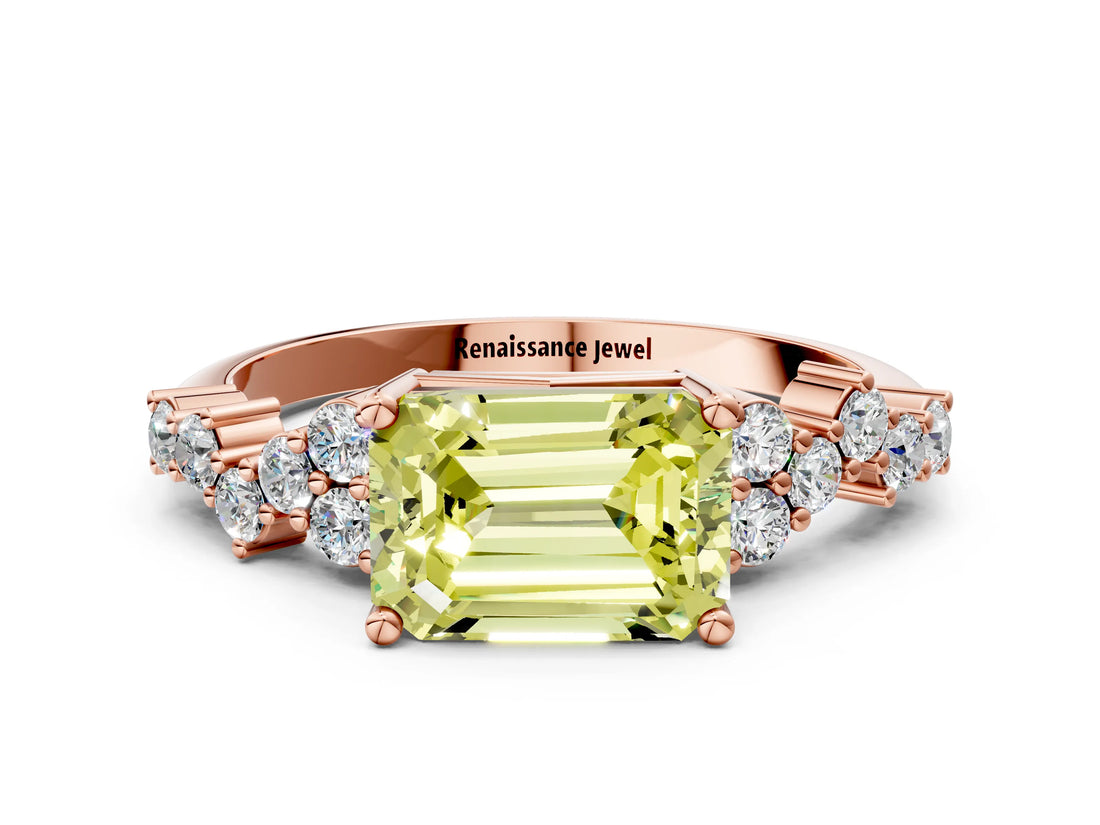 Rose gold Fancy Yellow Emerald Cut Diamond Scattered Round Accent Ring with Prong Setting_12