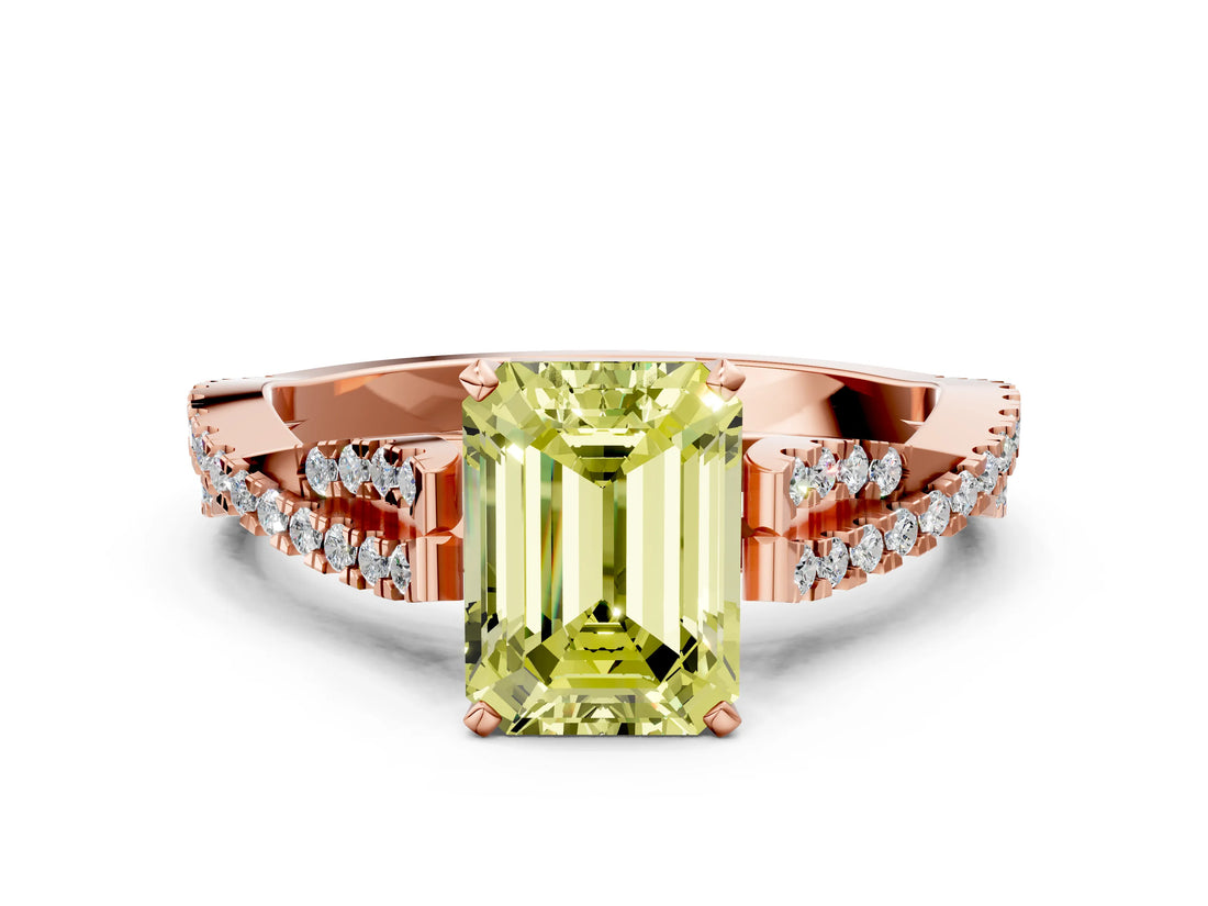 Rose gold Fancy Yellow Emerald Cut Diamond Solitaire Engagement Ring with Twisted Pavé Band and Four-Prong Setting_44