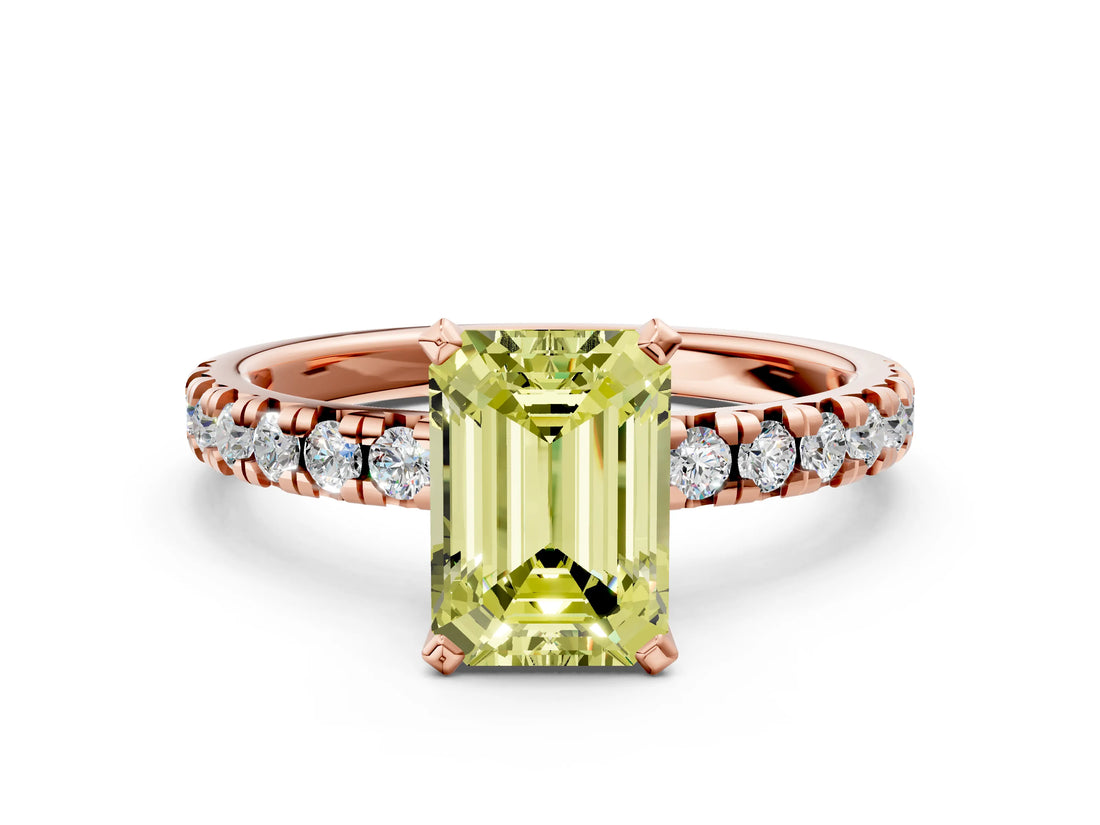 Rose gold Fancy Yellow Emerald Cut Diamond Solitaire Pavé Engagement Ring with Round Band and Prong Setting_67