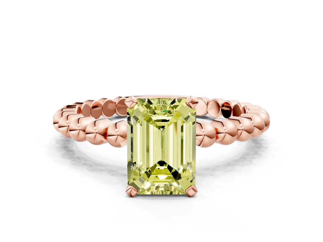 Rose gold Fancy Yellow Emerald Cut Diamond Solitaire Ring with Beaded Band and Prong Setting_305