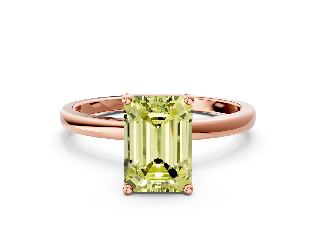 Rose gold Fancy Yellow Emerald Cut Diamond Solitaire Ring with Classic Band and Four-Prong Setting