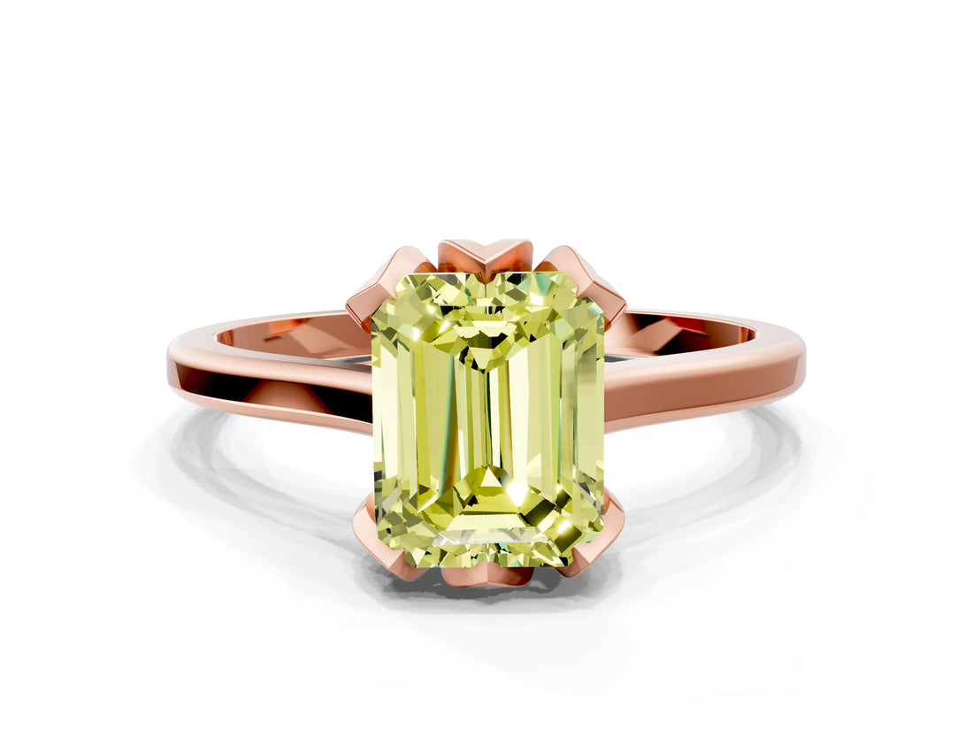 Rose gold Fancy Yellow Emerald Cut Diamond Solitaire Ring with Flower Prong Setting and Classic Band_67