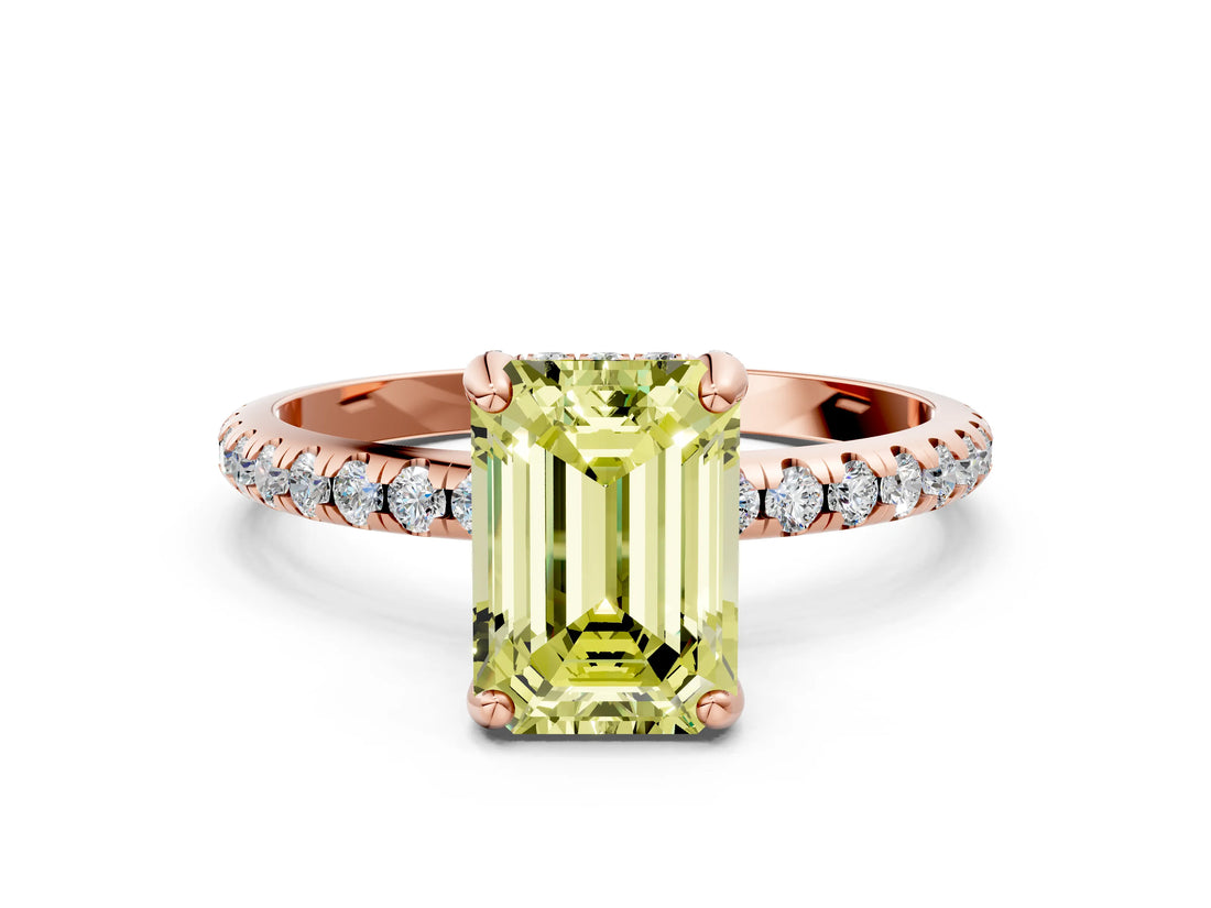 Rose gold Fancy Yellow Emerald Cut Diamond Solitaire Ring with Four-Prong Setting and Pavé Band_3