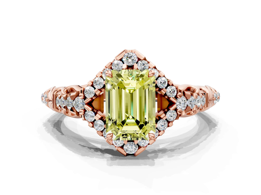 Rose gold Fancy Yellow Emerald Cut Diamond Solitaire Ring with Hidden Halo and Pavé Band_27