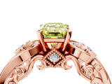 Rose gold Fancy Yellow Emerald Cut Diamond Solitaire Ring with Milgrain Pavé Band and Four-Prong Setting_175