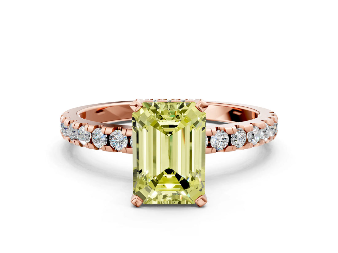 Rose gold Fancy Yellow Emerald Cut Diamond Solitaire Ring with Pavé Band and Four-Prong Setting_44