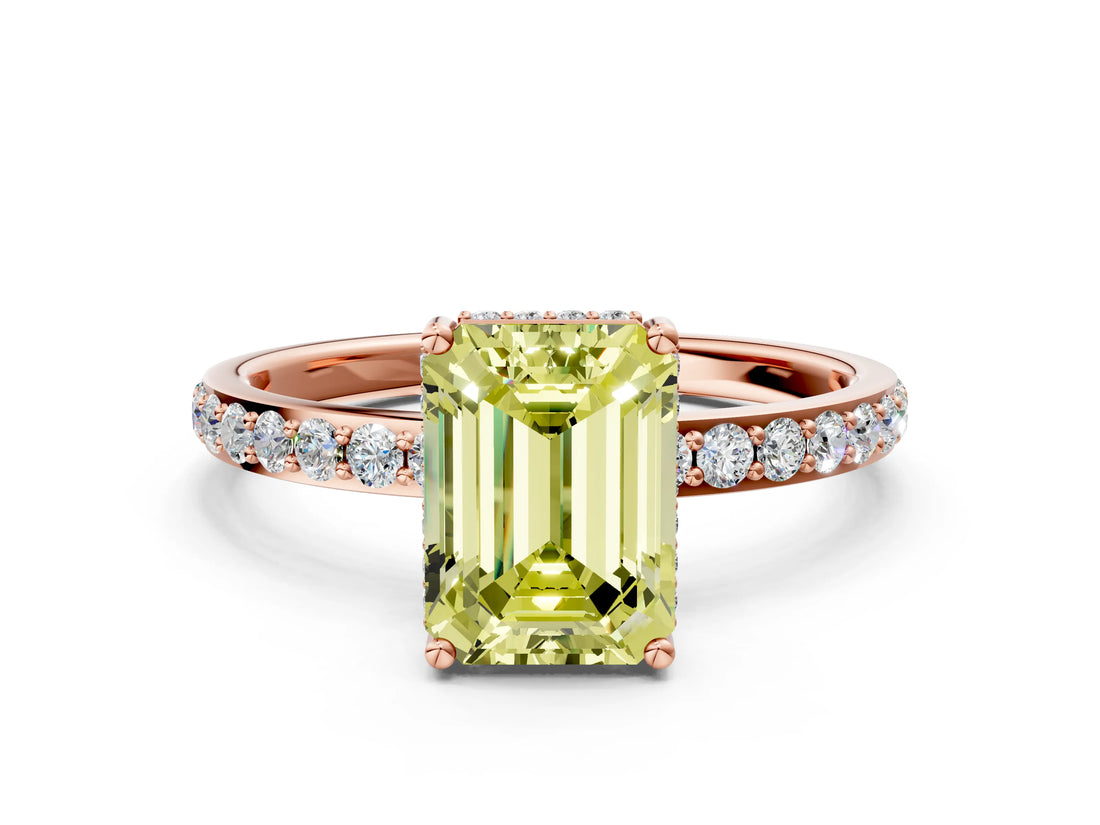 Rose gold Fancy Yellow Emerald Cut Diamond Solitaire Ring with Pavé Band and Hidden Halo_20