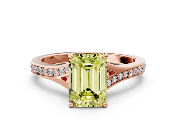 Rose gold Fancy Yellow Emerald Cut Diamond Solitaire Ring with Pavé Band and Prong Setting