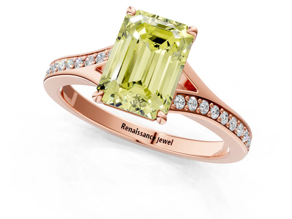 Rose gold Fancy Yellow Emerald Cut Diamond Solitaire Ring with Pavé Band and Prong Setting