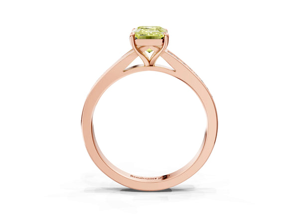 Rose gold Fancy Yellow Emerald Cut Diamond Solitaire Ring with Pavé Band and Prong Setting