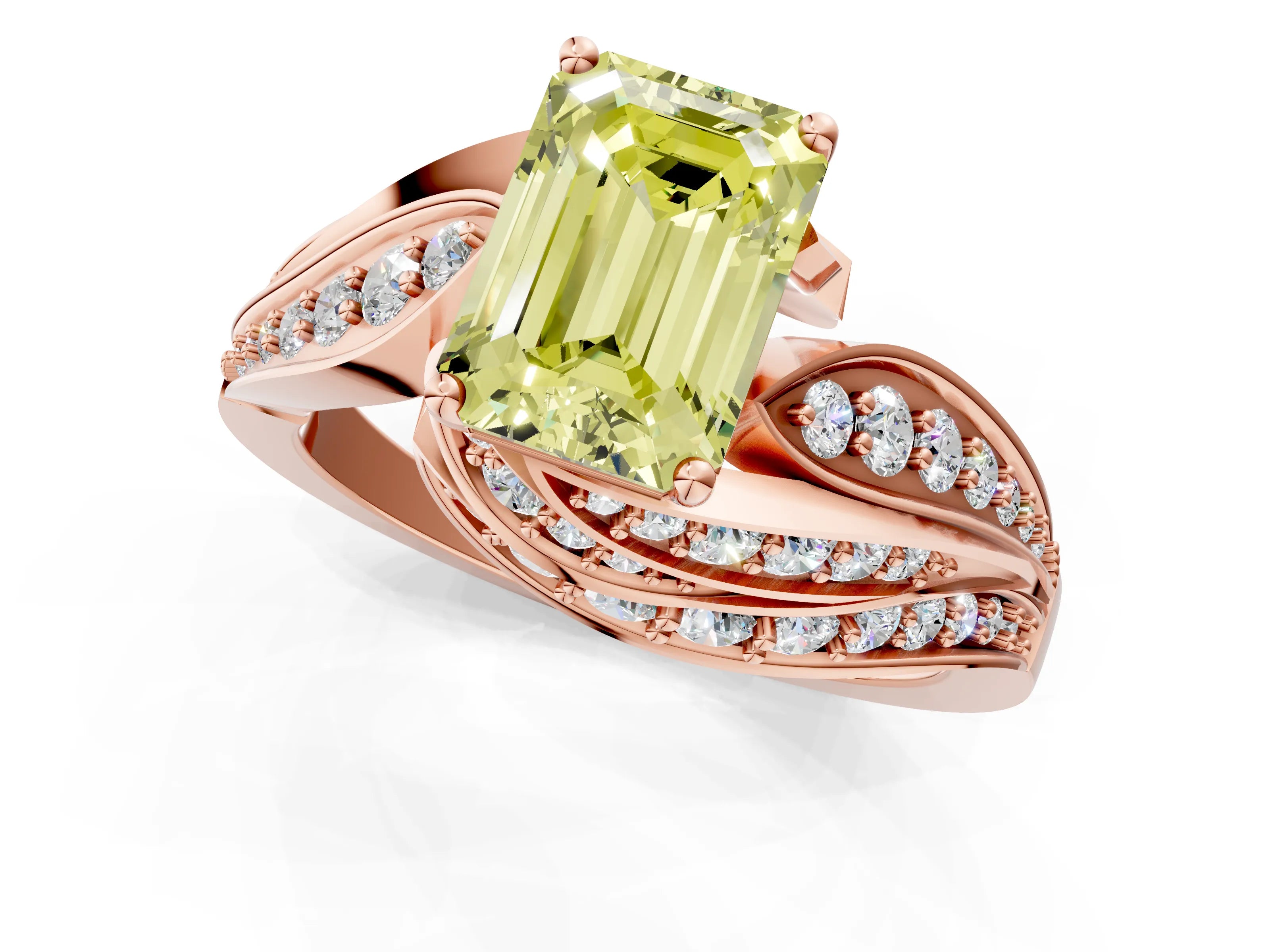 Rose gold Fancy Yellow Emerald Cut Diamond Solitaire Ring with Prong Setting and Twisted Pavé Band_1