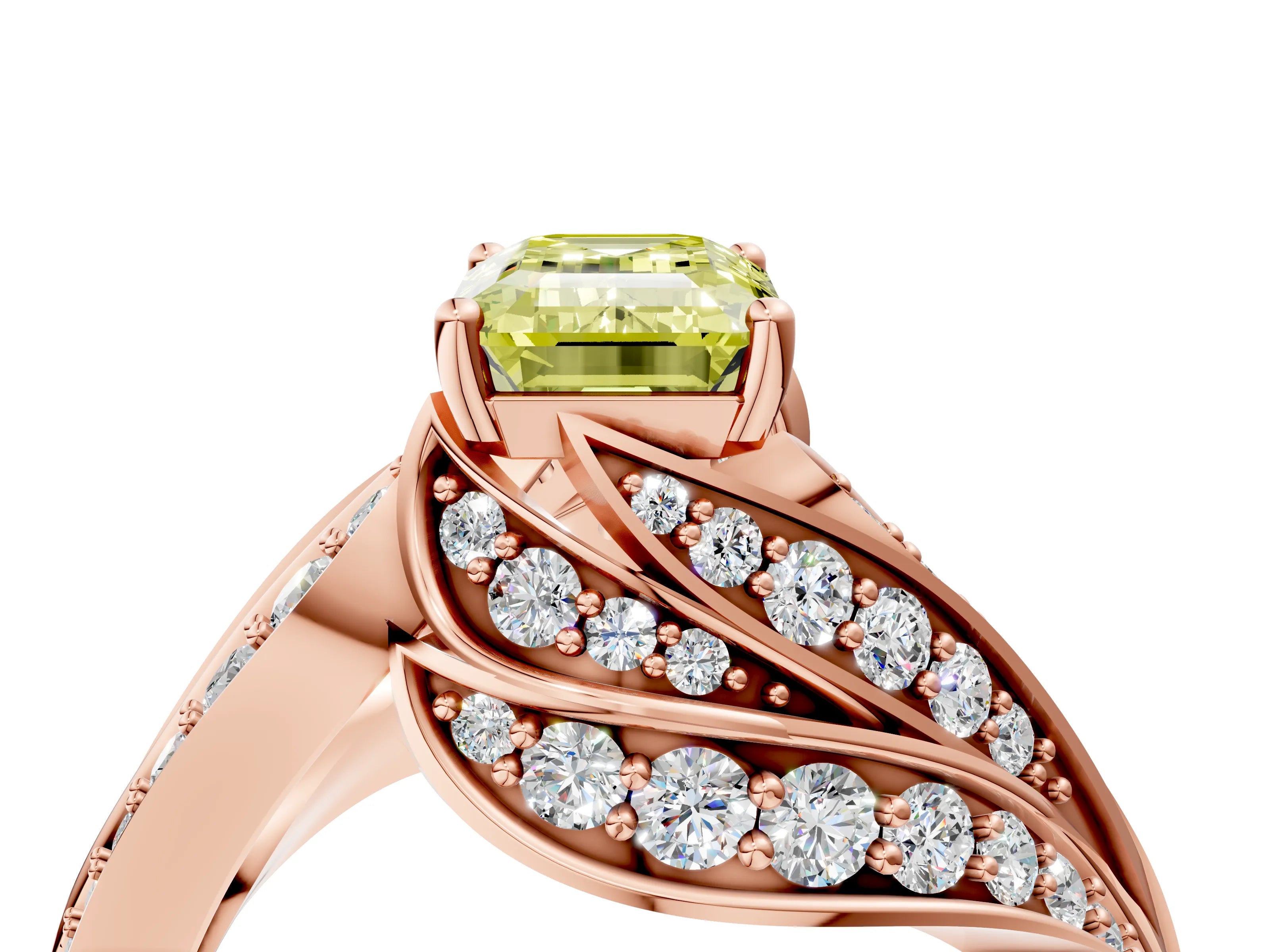 Rose gold Fancy Yellow Emerald Cut Diamond Solitaire Ring with Prong Setting and Twisted Pavé Band_4
