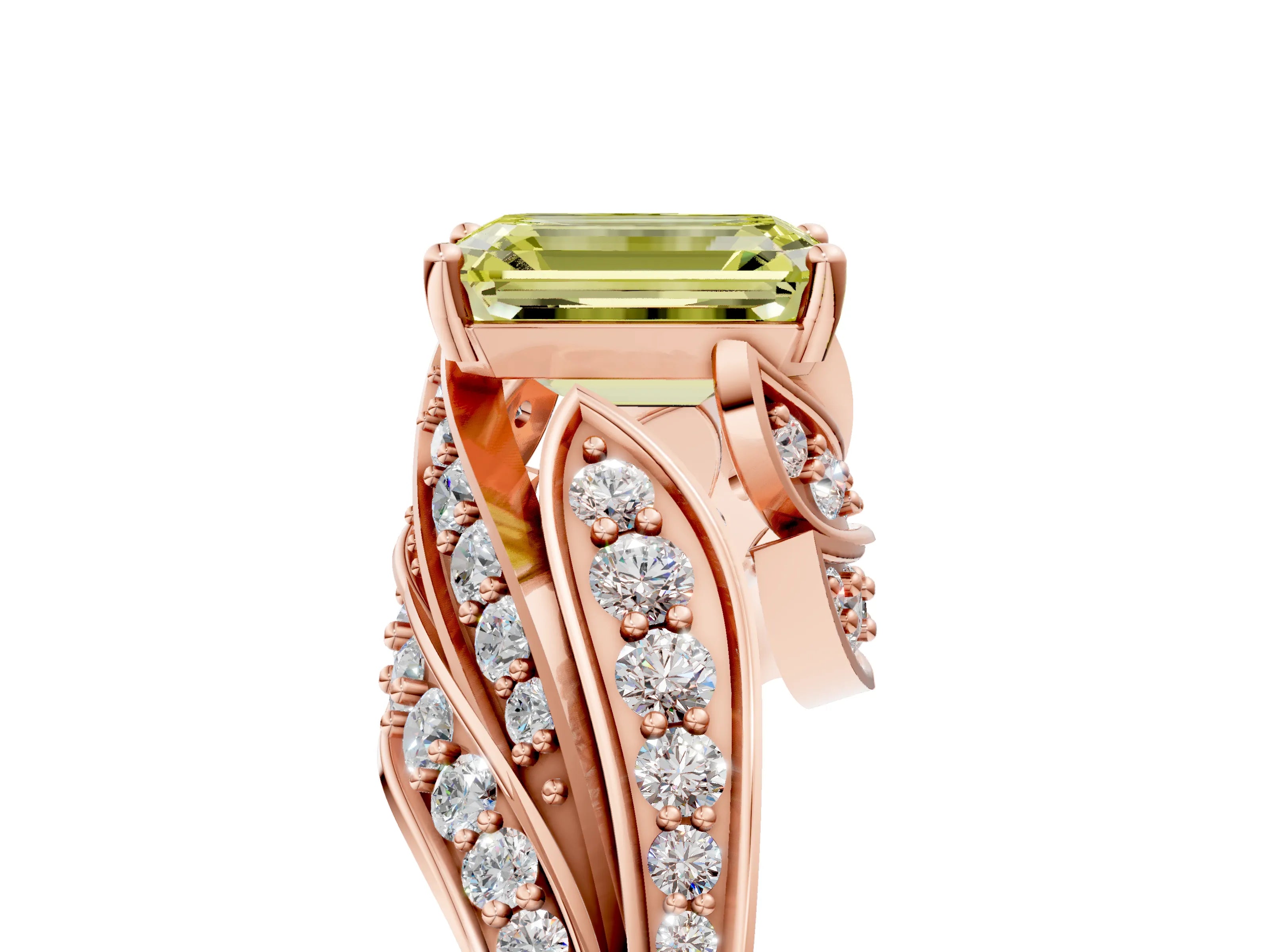 Rose gold Fancy Yellow Emerald Cut Diamond Solitaire Ring with Prong Setting and Twisted Pavé Band_5