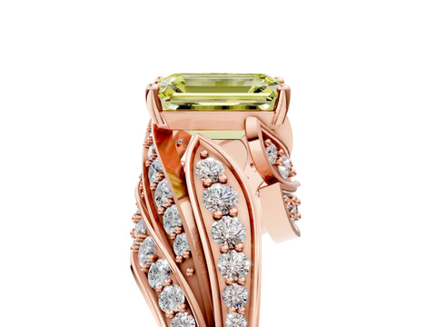 Rose gold Fancy Yellow Emerald Cut Diamond Solitaire Ring with Prong Setting and Twisted Pavé Band_5