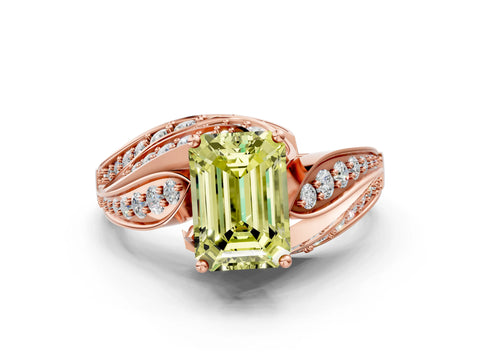 Rose gold Fancy Yellow Emerald Cut Diamond Solitaire Ring with Prong Setting and Twisted Pavé Band