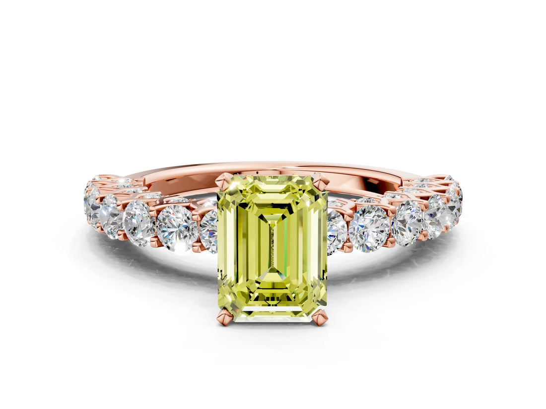 Rose gold Fancy Yellow Emerald Cut Diamond Solitaire Ring with Shared Prong Pavé Band and Four-Prong Setting_58