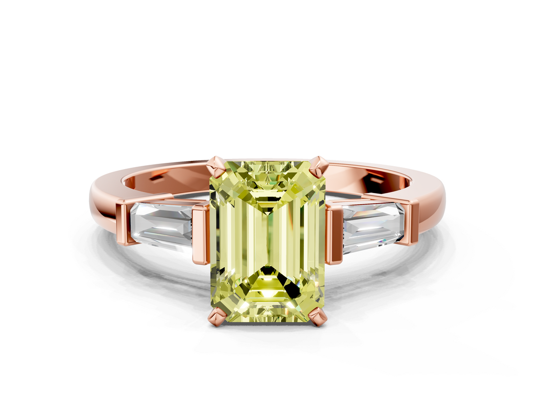 Rose gold Fancy Yellow Emerald  Cut Diamond Solitaire Ring with Tapered Baguette Accents and Four-Prong Setting_65