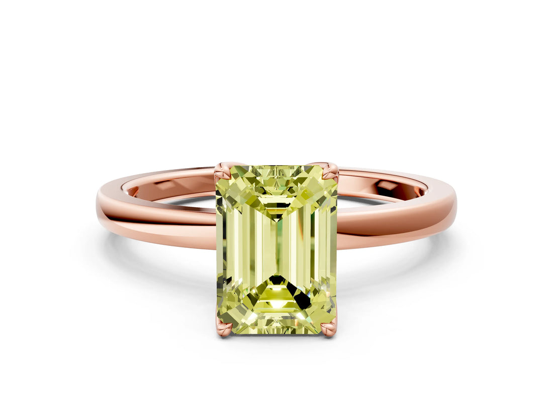Rose gold Fancy Yellow Emerald Cut Diamond Solitaire Ring with Thin Band and Prong Setting_12