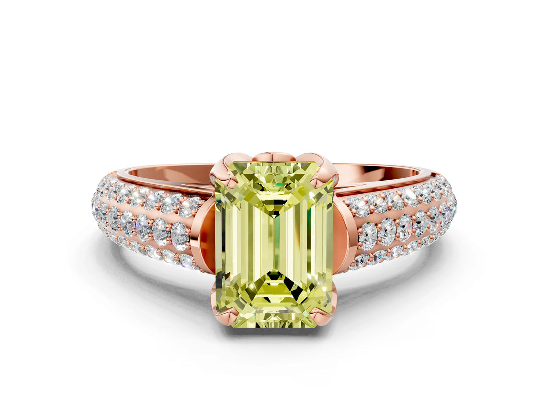 Rose gold Fancy Yellow Emerald Cut Diamond Solitaire Ring with Three-Row Pavé Band and Four-Prong Setting_37